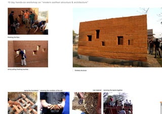 10 day hands-on workshop on “modern earthen structure & architecture”
finished structure
anna putting finishing touches
finishing the floor
checking the condition of the soil raw materiallaying the foundation ramming the layers together
page17
 
