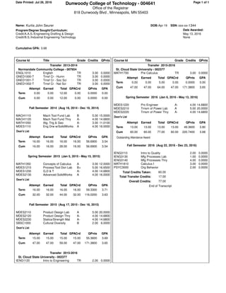 Dunwoody College of Technology - 004641
Office of the Registrar
818 Dunwoody Blvd , Minneapolis, MN 55403
Date Printed: Jul 26, 2016
Course Id Course Id TitleGrade Credits QPnts Grade Credits QPntsTitle
Page 1 of 1
SSN: xxx-xx-1344Name: Kurtis John Seurer
Date Awarded:
May 13, 2016
None
Program/Degree Sought/Curriculum:
DOB:Apr 19
Credit/A.A.S./Engineering Drafting & Design
Credit/B.S./Industrial Engineering Technology
Cumulative GPA: 3.68
Transfer 2013-2014
Normandale Community College - 007954
ENGL1010 0.00003.00TREnglish
GNED1000-T 0.00003.00TRTrnsf Cr - Humn
GNED1001-T 0.00003.00TRTrnsf Cr - Soc Sci
GNED1002-T 0.00003.00TRTrnsf Cr - Nat Sci
Term
Cum
GPAQPnts
0.00
0.00
0.00
0.00
Attempt
0.00
0.00
Earned
12.00
12.00
Total GPACrd
0.00
0.00
0.0000
0.0000
Fall Semester 2014 (Aug 18, 2014 - Dec 19, 2014)
MACH1110 15.00005.00BMach Tool Fund Lab
MACH1120 14.68004.00A-Mach Tool Fund Thry
MATH1050 11.01003.00A-Alg, Trig & Geo
MDES1110 16.00004.00AEng Drw w/SolidWorks
Dean's List
Term
Cum
GPAQPnts
3.54
3.54
16.00
16.00
Attempt
16.00
16.00
Earned
16.00
28.00
Total GPACrd
16.00
16.00
56.6900
56.6900
Spring Semester 2015 (Jan 5, 2015 - May 15, 2015)
MATH1350 12.00003.00AConcepts of Calculus
MDES1210 16.65005.00B+Process/Tool Dsn Lab
MDES1230 14.68004.00A-G,D & T
MDES2130 16.00004.00AAdvanced SolidWorks
Dean's List
Term
Cum
GPAQPnts
3.71
3.63
16.00
32.00
Attempt
16.00
32.00
Earned
16.00
44.00
Total GPACrd
16.00
32.00
59.3300
116.0200
Fall Semester 2015 (Aug 17, 2015 - Dec 18, 2015)
MDES2110 20.00005.00AProduct Design Lab
MDES2120 14.68004.00A-Product Design Thry
MDES2230 14.68004.00A-Statics/Strength Mat
SBSC1000 6.00002.00BCultural Diversity
Dean's List
Term
Cum
GPAQPnts
3.69
3.65
15.00
47.00
Attempt
15.00
47.00
Earned
15.00
59.00
Total GPACrd
15.00
47.00
55.3600
171.3800
Transfer 2015-2016
St. Cloud State University - 002377
IENG1120 0.00002.00TRIntro to Engineering
Transfer 2015-2016
St. Cloud State University - 002377
MATH1700 0.00003.00TRPre Calculus
Term
Cum
GPAQPnts
0.00
3.65
0.00
47.00
Attempt
0.00
47.00
Earned
5.00
64.00
Total GPACrd
0.00
47.00
0.0000
171.3800
Spring Semester 2016 (Jan 6, 2016 - May 13, 2016)
MDES1220 14.68004.00A-Pro Engineer
MDES2210 20.00005.00ATrnsm of Power Lab
MDES2220 14.68004.00A-Trnsm of Power Thry
Dean's List
Term
Cum
GPA
Outstanding Attendance Award
QPnts
3.80
3.68
13.00
60.00
Attempt
13.00
60.00
Earned
13.00
77.00
Total GPACrd
13.00
60.00
49.3600
220.7400
Fall Semester 2016 (Aug 22, 2016 - Dec 23, 2016)
IENG3110 0.00002.00Intro to Quality
IENG3130 0.00001.00Mfg Processes Lab
IENG3140 0.00004.00Mfg Processes Thry
MATH1810 0.00003.00Calculus I
PSYC3000 0.00002.00Org Behavior
Overall Credits:
Total Transfer Credits:
60.00
17.00
77.00
Total Credits Taken:
End of Transcript
 