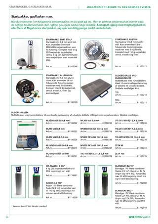 24
Migatronic tilbehør til den kræsne svejser
WELDING VALUE
STARTPAKKE, SORT STÅL*
Startpakke til 0,8 mm sort stål.
Kan anvendes til mindre
MIG/MAG svejsemaskiner som
fx Automig. Komplet med 5 kg
SG2 svejsetråd og adapter,
ventil, 6 kg CO2 ejendomsflaske
samt svejsehjelm med mineralsk
glas.
Art.nr............................81910248
STARTPAKKE, RUSTFRI
Startpakke til 0,8 mm rustfri
stål. Kan anvendes til tra-
fobaserede Automig svejse-
maskiner med 2-hjulstræk.
Komplet med 15 kg svejsetråd,
ventil, trissekit og liner.
Art.nr............................81100121
STARTPAKKE, ALUMINIUM
Startpakke til 1,0 mm alumi-
nium. Kan anvendes til tra-
fobaserede Automig svejse-
maskiner med 2-hjulstræk.
Komplet med 6 kg svejsetråd,
ventil, trissekit, liner og
kontaktdyser.
Art.nr............................81100120
SLIDDELSKASSE MED
RUMINDDELERE
Sliddelskasse med ruminddelere.
Ideel til overskuelig opbevaring
af sliddele til svejsebrændere.
Sliddele medfølger ikke.
TIG
Art.nr............................81100210
MIG
Art.nr............................81100211
ML150B stål 0,6-0,8 mm
Art.nr............................81100222
....................................................
ML150 stål 0,8 mm
Art.nr............................81100223
....................................................
ML250 stål 0,8-1,0 mm
Art.nr............................81100224
....................................................
ML/MV240 stål 0,6-0,8 mm
Art.nr............................81100214
....................................................
ML/MV240 stål 1,0 mm
Art.nr............................81100231
....................................................
CO2 FLASKE, 6 KG*
6 kg CO2 i ejendomsflaske til
MIG svejsning i sort stål.
Art.nr............................81710001
....................................................
ARGON 4,0 10L*
Argon i 10 liters ejendoms-
flaske (2,4 m3
). Anvendes især
til TIG og MIG svejsning i alu-
minium samt MIG lodning.
Art.nr............................81711000
....................................................
BLANDGAS 82/18*
Blandgas i 10 liters ejendoms-
flaske (2,2 m3
). Består af 82 %
Argon og 18 % CO2. Anvendes
især til MIG svejsning i sort stål
og til rørtrådssvejsning.
Art.nr............................81712000
.....................................................
BLANDGAS 98/2*
Blandgas i 12 liters ejendoms-
flaske (2,4 m3
). Består af 98 %
Argon og 2 % CO2. Anvendes
især til MIG svejsning i rustfrit
stål.
Art.nr............................81712010
startpakker, gasflasker m.m.
Startpakker, gasflasker m.m.
Når du investerer i en Migatronic svejsemaskine, er du godt på vej. Men et perfekt svejseresultat kræver også
de rigtige tilsatsmaterialer, den rigtige gas og de nødvendige sliddele. Kom godt i gang med svejsning med en
eller flere af Migatronics startpakker - og spar samtidig penge på dit samlede køb.
ML300 stål 1,0 mm
Art.nr............................81100232
....................................................
MV450/550 stål 1,0-1,2 mm
Art.nr............................81100216
....................................................
MV400 FKS stål 1,0-1,2 mm
Art.nr............................81100236
....................................................
MV500 FKS stål 1,0-1,2 mm
Art.nr............................81100237
....................................................
TIG 101/301/321 1,6-2,4 mm
Art.nr............................81100228
....................................................
TIG 101/301/321 2,4-3,2 mm
Art.nr............................81100248
....................................................
TIG 201/221/401 1,6-2,4 mm
Art.nr............................81100230
TIG WP24/DSF225 1,6-2,4 mm
Art.nr............................81100238
....................................................
ZETA 60
Art.nr............................81100233
....................................................
ZETA 100
Art.nr............................81100239
....................................................
SLIDDELSKASSER
Sliddelskasser med ruminddelere til overskuelig opbevaring af udvalgte sliddele til Migatronic svejsebrændere. Sliddele medfølger.
* Leveres kun til det danske marked.
 