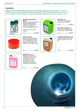 26
Migatronic tilbehør til den kræsne svejser
WELDING VALUE
MIG SPRAY MED DRIVGAS,
400 ml
MIG spray med drivgas (propan),
baseret på vegetabilsk olie.
Godkendt til galvanisering
uden ekstra rengøring.
Leveres i sprayflaske á 400 ml.
Leveres kun til det danske
marked.
Art.nr............................81950009
MIG-SPRAY, 10 l
MIG spray til efterfyldning.
Leveres i dunk á 10 liter.
Art.nr............................81950014
....................................................
MIG SPRAY TIL ROBOT, 10 l
MIG spray til efterfyldning på
robot. Leveres i dunk á 10 liter.
Art.nr............................81950015
....................................................
MIG-PASTA, 300 g
Svejse- og beskyttelsespasta.
Beskytter gasdyser mod slag-
ger. Fremstillet af rene natur-
produkter. Indeholder ikke
silikone. Leveres i dåse á 300 g.
Art.nr............................81950026
....................................................
SILIKONEFRI MIG-SPRAY, 25 kg
Silikonefri MIG Spray til efter-
fyldning. Leveres i dunk á 25
kg.
Art.nr............................81950028
....................................................
KØLEVÆSKE, 5l -9° C
Miljøvenlig kølevæske til
vandkølede svejsemaskiner.
Frostsikker ned til -9° C.
Leveres i dunk á 5 liter.
Anvendelse af korrekt
kølevæske sikrer længere
standtid på svejsemaskinen.
Art.nr............................99290505
....................................................
kemikalier
Kemikalier
Migatronics kemikalieprodukter understøtter et optimalt svejseresultat. Alle produkter overholder
gældende lovkrav omkring opbevaring og dokumentation, og sikkerhedsdatabladene instruerer trin
for trin svejseren i sikker håndtering. 16 pkt.-sikkerhedsdatablade findes på www.migatronic.com.
 