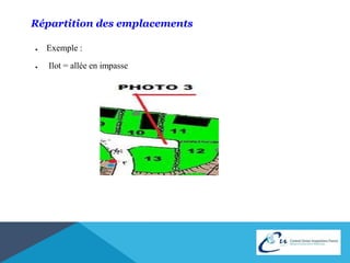 Répartition des emplacements 
● Exemple : 
● Ilot = allée en impasse 
 
