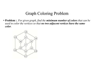 Graph Coloring Problem
• Problem :. For given graph, find the minimum number of colors that can be
used to color the vertices so that no two adjacent vertices have the same
color.
 