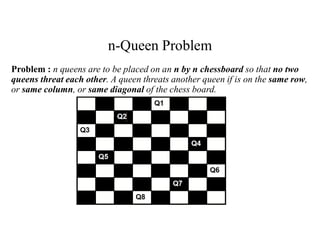 n-Queen Problem
Problem : n queens are to be placed on an n by n chessboard so that no two
queens threat each other. A queen threats another queen if is on the same row,
or same column, or same diagonal of the chess board.
 