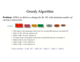 Greedy Algorithm
Problem: ATM is to deliver a change for Rs. 98, with minimum number of
currency notes/coins.
 