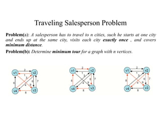 Traveling Salesperson Problem
Problem(a): A salesperson has to travel to n cities, such he starts at one city
and ends up at the same city, visits each city exactly once , and covers
minimum distance.
Problem(b): Determine minimum tour for a graph with n vertices.
 