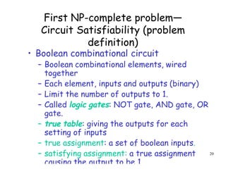 First NP-complete problem—
Circuit Satisfiability (problem
definition)
• Boolean combinational circuit
– Boolean combinational elements, wired
together
– Each element, inputs and outputs (binary)
– Limit the number of outputs to 1.
– Called logic gates: NOT gate, AND gate, OR
gate.
– true table: giving the outputs for each
setting of inputs
– true assignment: a set of boolean inputs.
– satisfying assignment: a true assignment
causing the output to be 1.
20
 