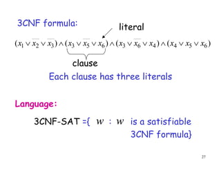 27
3CNF formula:
)
(
)
(
)
(
)
( 6
5
4
4
6
3
6
5
3
3
2
1 x
x
x
x
x
x
x
x
x
x
x
x 










Each clause has three literals
3CNF-SAT ={ : is a satisfiable
3CNF formula}
w w
Language:
literal
clause
 