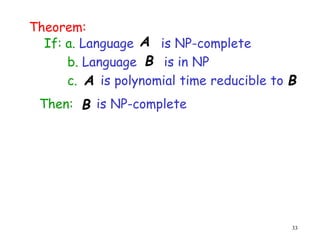 33
Theorem:
If: a. Language is NP-complete
b. Language is in NP
c. is polynomial time reducible to
A
A B
B
Then: is NP-complete
B
 