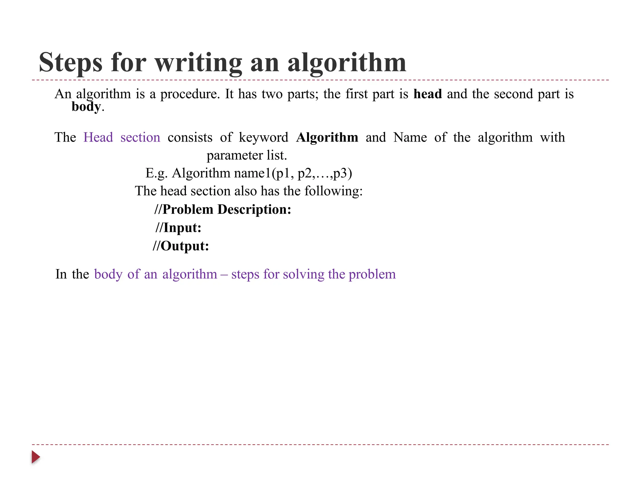 Steps for writing an algorithm
An algorithm is a procedure. It has two parts; the first part is head and the second part is
body.
The Head section consists of keyword Algorithm and Name of the algorithm with
parameter list.
E.g. Algorithm name1(p1, p2,…,p3)
The head section also has the following:
//Problem Description:
//Input:
//Output:
In the body of an algorithm – steps for solving the problem
 