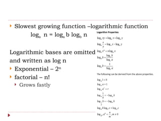  Slowest growing function –logarithmic function
loga n = loga b logb n
Logarithmic bases are omitted
and written as log n
 Exponential – 2n
 factorial – n!
 Grows fastly
 
