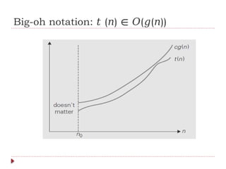 Big-oh notation: ( ) ( ( ))
𝑡 𝑛 ∈ 𝑂 𝑔 𝑛
 