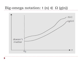 Big-omega notation: t (n) ∈ Ω (g(n))
 