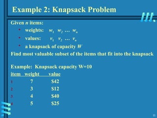 11
Example 2: Knapsack Problem
Given n items:
• weights: w1 w2 … wn
• values: v1 v2 … vn
• a knapsack of capacity W
Find most valuable subset of the items that fit into the knapsack
Example: Knapsack capacity W=10
item weight value
1 7 $42
2 3 $12
3 4 $40
4 5 $25
 