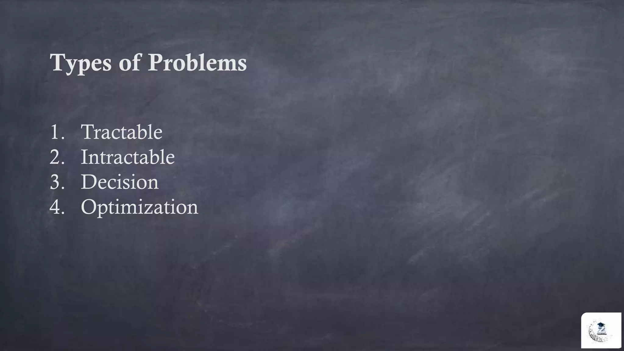 Types of Problems
1. Tractable
2. Intractable
3. Decision
4. Optimization
 
