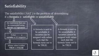 An expression that can
be constructed using
literals and operators
Either a
variable or it’s negation
whose value is either
TRUE or FALSE
A formula is said to
be satisfiable if
variables can be
assigned with values
such that the
formula turns out to
be TRUE
A formula is said to
be unsatisfiable if
variables cannot be
assigned with values
such that the
formula turns out to
be TRUE
 