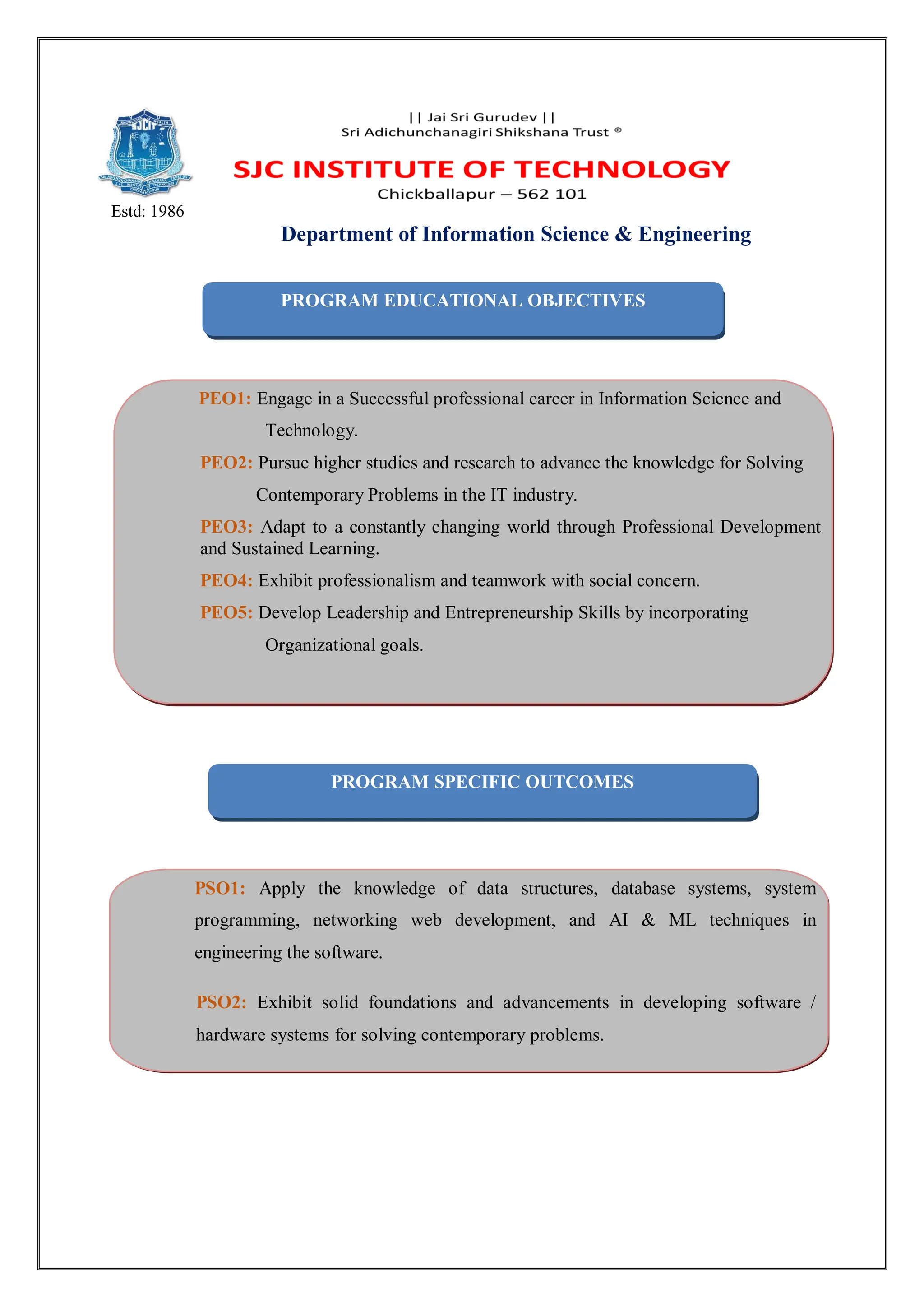 PROGRAM EDUCATIONAL OBJECTIVES
PEO1: Engage in a Successful professional career in Information Science and
Technology.
PEO2: Pursue higher studies and research to advance the knowledge for Solving
Contemporary Problems in the IT industry.
PEO3: Adapt to a constantly changing world through Professional Development
and Sustained Learning.
PEO4: Exhibit professionalism and teamwork with social concern.
PEO5: Develop Leadership and Entrepreneurship Skills by incorporating
Organizational goals.
PROGRAM SPECIFIC OUTCOMES
PSO1: Apply the knowledge of data structures, database systems, system
programming, networking web development, and AI & ML techniques in
engineering the software.
PSO2: Exhibit solid foundations and advancements in developing software /
hardware systems for solving contemporary problems.
Estd: 1986
Department of Information Science & Engineering
 