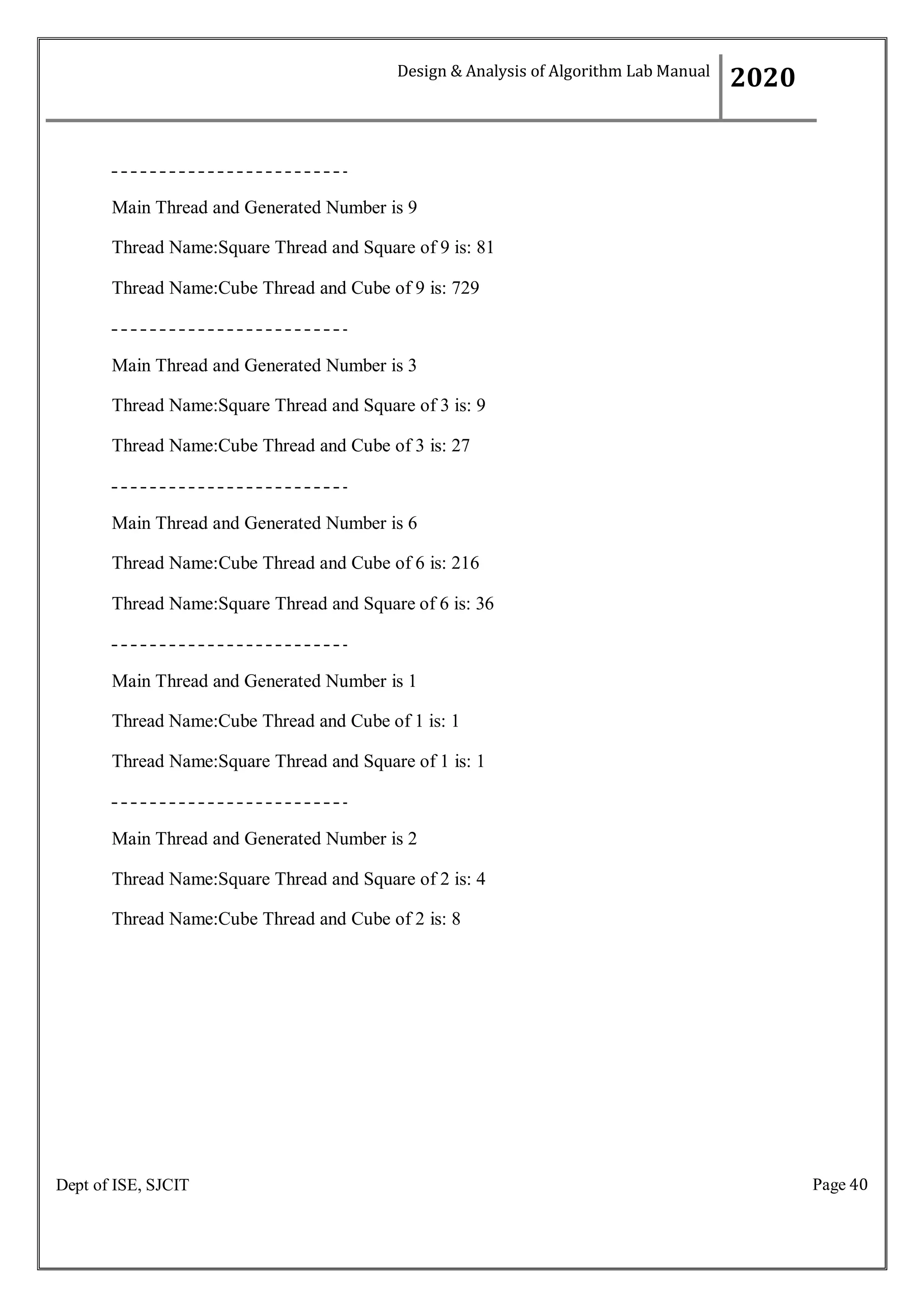 Page 40
Dept of ISE, SJCIT
Main Thread and Generated Number is 9
Thread Name:Square Thread and Square of 9 is: 81
Thread Name:Cube Thread and Cube of 9 is: 729
Main Thread and Generated Number is 3
Thread Name:Square Thread and Square of 3 is: 9
Thread Name:Cube Thread and Cube of 3 is: 27
Main Thread and Generated Number is 6
Thread Name:Cube Thread and Cube of 6 is: 216
Thread Name:Square Thread and Square of 6 is: 36
Main Thread and Generated Number is 1
Thread Name:Cube Thread and Cube of 1 is: 1
Thread Name:Square Thread and Square of 1 is: 1
Main Thread and Generated Number is 2
Thread Name:Square Thread and Square of 2 is: 4
Thread Name:Cube Thread and Cube of 2 is: 8
Design & Analysis of Algorithm Lab Manual
2020
 