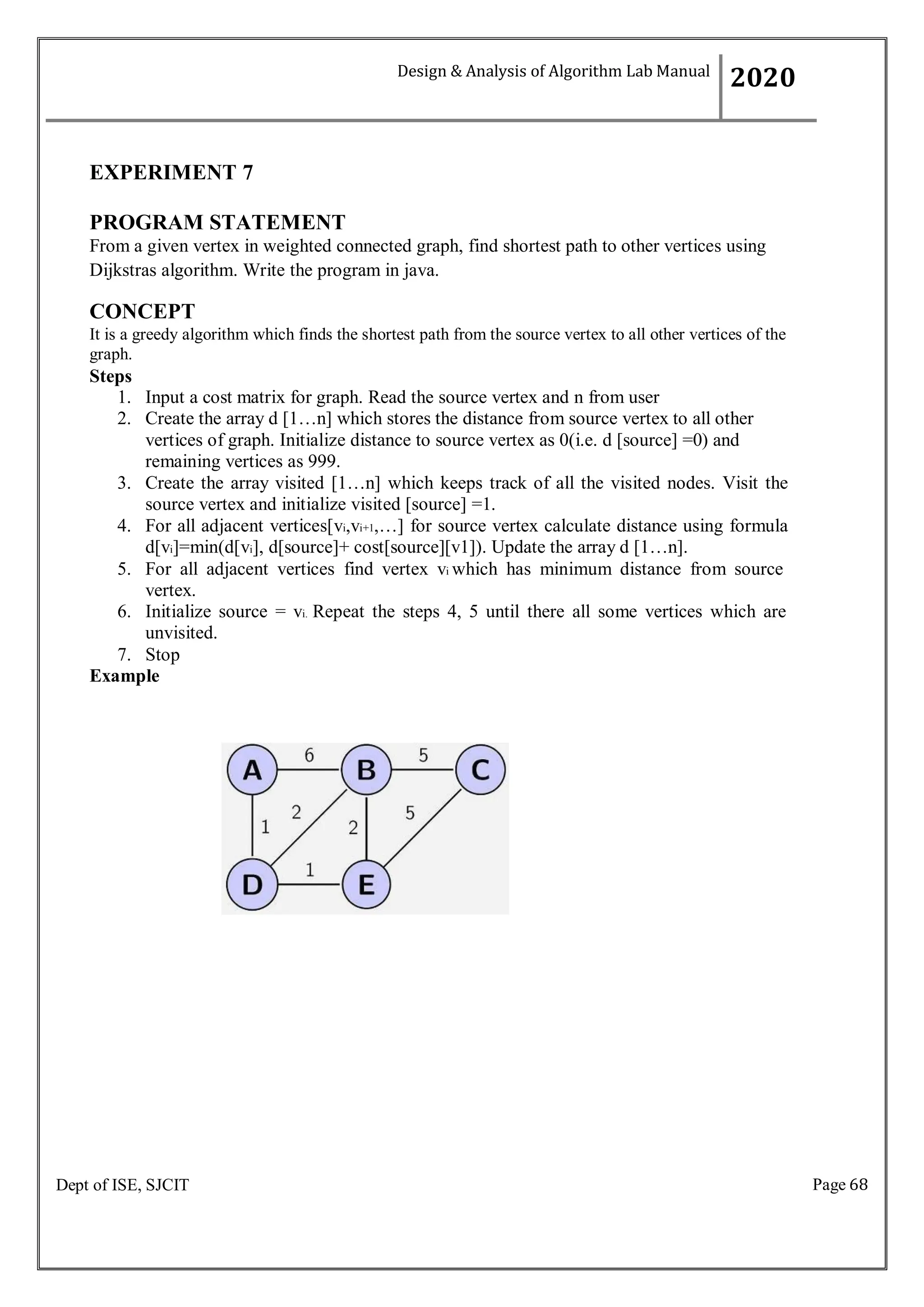 Page 68
Dept of ISE, SJCIT
EXPERIMENT 7
PROGRAM STATEMENT
From a given vertex in weighted connected graph, find shortest path to other vertices using
Dijkstras algorithm. Write the program in java.
CONCEPT
It is a greedy algorithm which finds the shortest path from the source vertex to all other vertices of the
graph.
Steps
1. Input a cost matrix for graph. Read the source vertex and n from user
2. Create the array d [1…n] which stores the distance from source vertex to all other
vertices of graph. Initialize distance to source vertex as 0(i.e. d [source] =0) and
remaining vertices as 999.
3. Create the array visited [1…n] which keeps track of all the visited nodes. Visit the
source vertex and initialize visited [source] =1.
4. For all adjacent vertices[vi,vi+1,…] for source vertex calculate distance using formula
d[vi]=min(d[vi], d[source]+ cost[source][v1]). Update the array d [1…n].
5. For all adjacent vertices find vertex vi which has minimum distance from source
vertex.
6. Initialize source = vi. Repeat the steps 4, 5 until there all some vertices which are
unvisited.
7. Stop
Example
Design & Analysis of Algorithm Lab Manual
2020
 