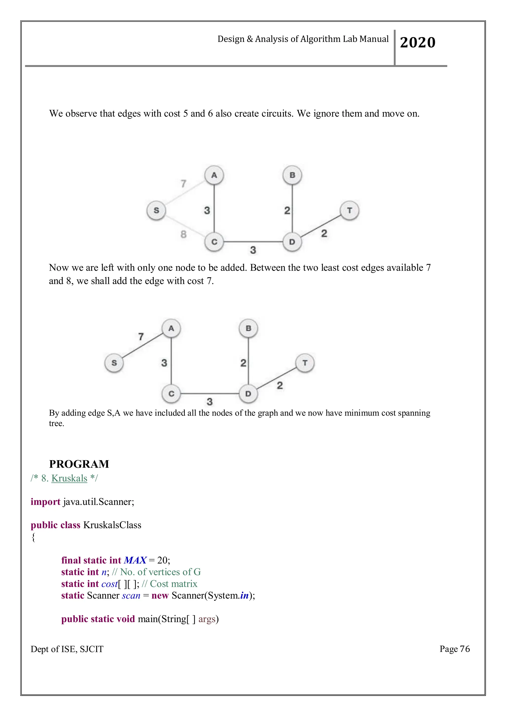 Page 76
Dept of ISE, SJCIT
We observe that edges with cost 5 and 6 also create circuits. We ignore them and move on.
Now we are left with only one node to be added. Between the two least cost edges available 7
and 8, we shall add the edge with cost 7.
By adding edge S,A we have included all the nodes of the graph and we now have minimum cost spanning
tree.
PROGRAM
/* 8. Kruskals */
import java.util.Scanner;
public class KruskalsClass
{
final static int MAX = 20;
static int n; // No. of vertices of G
static int cost[ ][ ]; // Cost matrix
static Scanner scan = new Scanner(System.in);
public static void main(String[ ] args)
Design & Analysis of Algorithm Lab Manual
2020
 