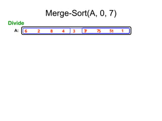 6 2 8 4 3 7 5 1
6 2 8 4 3 7 5 1
Merge-Sort(A, 0, 7)
Divide
A:
 
