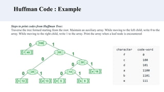 Huffman Code : Example
Steps to print codes from Huffman Tree:
Traverse the tree formed starting from the root. Maintain an auxiliary array. While moving to the left child, write 0 to the
array. While moving to the right child, write 1 to the array. Print the array when a leaf node is encountered
 