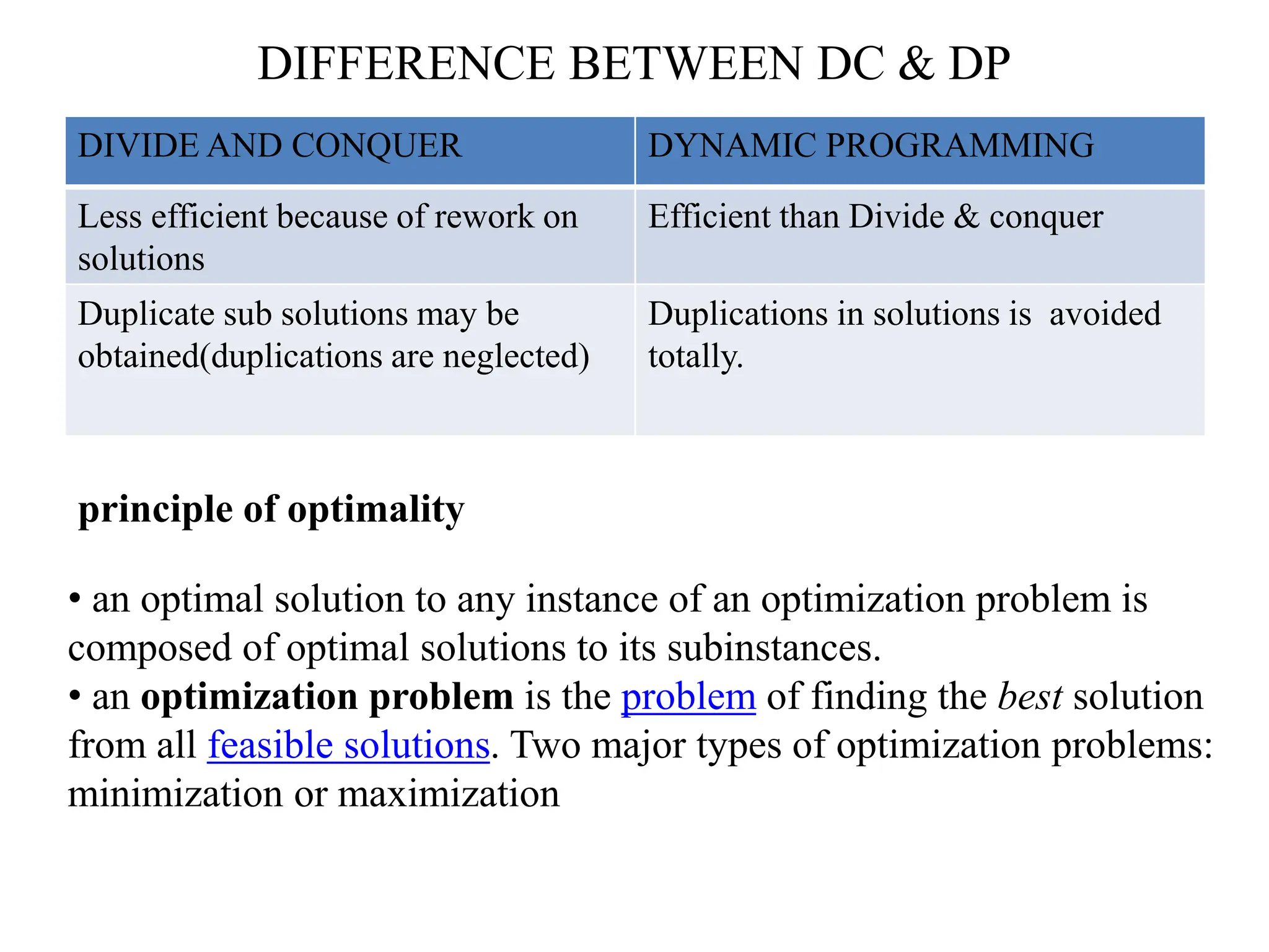DIFFERENCE BETWEEN DC & DP
DIVIDE AND CONQUER DYNAMIC PROGRAMMING
Less efficient because of rework on
solutions
Efficient than Divide & conquer
Duplicate sub solutions may be
obtained(duplications are neglected)
Duplications in solutions is avoided
totally.
principle of optimality
• an optimal solution to any instance of an optimization problem is
composed of optimal solutions to its subinstances.
• an optimization problem is the problem of finding the best solution
from all feasible solutions. Two major types of optimization problems:
minimization or maximization
 