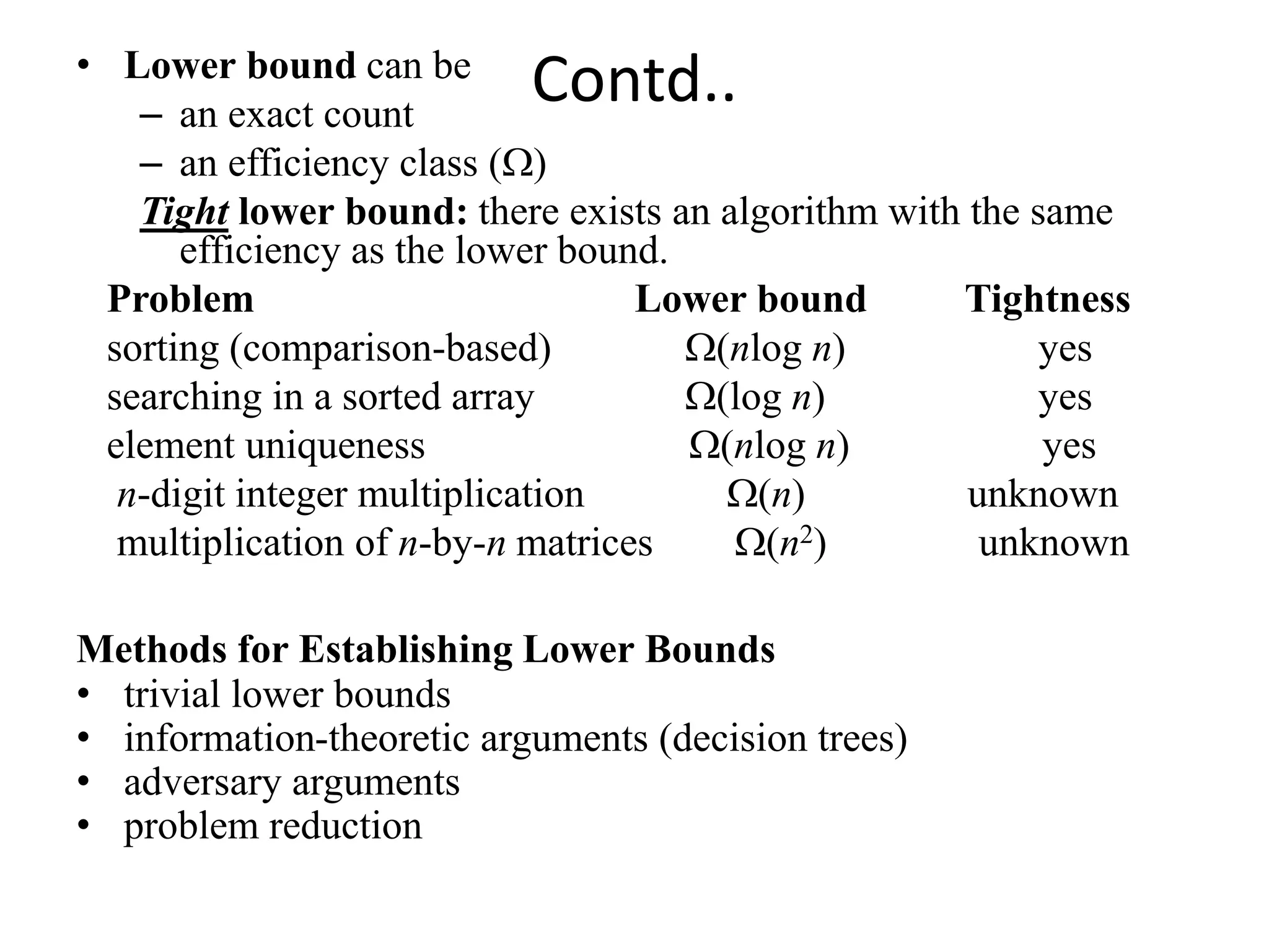 Contd..
• Lower bound can be
– an exact count
– an efficiency class ()
Tight lower bound: there exists an algorithm with the same
efficiency as the lower bound.
Problem Lower bound Tightness
sorting (comparison-based) (nlog n) yes
searching in a sorted array (log n) yes
element uniqueness (nlog n) yes
n-digit integer multiplication (n) unknown
multiplication of n-by-n matrices (n2) unknown
Methods for Establishing Lower Bounds
• trivial lower bounds
• information-theoretic arguments (decision trees)
• adversary arguments
• problem reduction
 