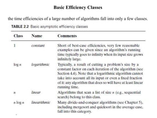 Basic Efficiency Classes
the time efficiencies of a large number of algorithms fall into only a few classes.
 
