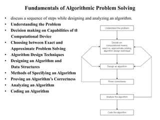 Fundamentals of Algorithmic Problem Solving
• discuss a sequence of steps while designing and analyzing an algorithm.
• Understanding the Problem
• Decision making on Capabilities of the
Computational Device
• Choosing between Exact and
Approximate Problem Solving
• Algorithm Design Techniques
• Designing an Algorithm and
Data Structures
• Methods of Specifying an Algorithm
• Proving an Algorithm’s Correctness
• Analyzing an Algorithm
• Coding an Algorithm
 