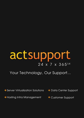 Your Technology, Our Support...
Hosting Infra Management
Data Center SupportServer Virtualization Solutions
Customer Support
2 4 x 7 x 3 6 51/4
 