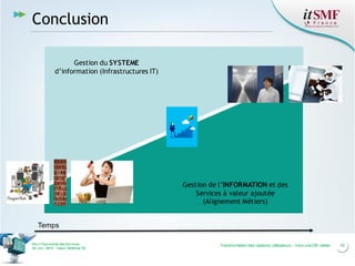 10Transformation des relations utilisateurs – Vers une DSI métierVers l’harmonie des Services
26 nov. 2013 – Cœur Défense 92
Conclusion
Gestion de l’INFORMATION et des
Services à valeur ajoutée
(Alignement Métiers)
Gestion du SYSTEME
d’information (Infrastructures IT)
Temps
 