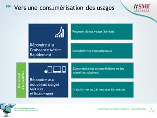 3Transformation des relations utilisateurs – Vers une DSI métierVers l’harmonie des Services
26 nov. 2013 – Cœur Défense 92
Vers une consumérisation des usages
Répondre à la
Croissance Métier
Rapidement
Proposer de nouveaux Services
Consolider les fondamentaux
Répondre aux
nouveaux usages
Métiers
efficacement
Comprendre les enjeux Métiers et les
nouvelles solutions
Transformer la DSI vers une DSI métier
Nosenjeux
d’Aujourd’hui
 
