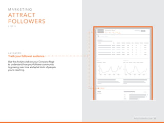Mar k eti n g  
Attract 
followers
2 o f  5
A d v a n ced :
Track your follower audience.
Use the Analytics tab on your Company Page
to understand how your follower community
is growing over time and what kinds of people
you’re reaching.
h e l p . l i n k e d i n . c o m 22
 