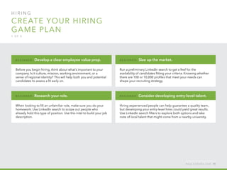 H I R I N G  
Create your hiring 
game plan
1 o f  5
Before you begin hiring, think about what’s important to your
company. Is it culture, mission, working environment, or a
sense of regional identity? This will help both you and potential
candidates to assess a fit early on.
B egi n n er : Develop a clear employee value prop.
When looking to fill an unfamiliar role, make sure you do your
homework. Use LinkedIn search to scope out people who
already hold this type of position. Use this intel to build your job
description.
B egi n n er : Research your role.
Hiring experienced people can help guarantee a quality team,
but developing your entry-level hires could yield great results.
Use LinkedIn search filters to explore both options and take
note of local talent that might come from a nearby university.
B egi n n er : Consider developing entry-level talent.
Run a preliminary LinkedIn search to get a feel for the
availability of candidates fitting your criteria. Knowing whether
there are 100 or 10,000 profiles that meet your needs can
shape your recruiting strategy.
B egi n n er : Size up the market.
h e l p . l i n k e d i n . c o m 45
 