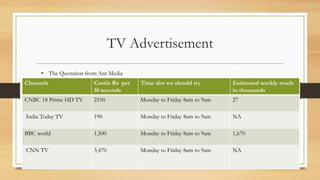 TV Advertisement
Channels Costin Rs per
10 seconds
Time slot we should try Estimated weekly reach
in thousands
CNBC 18 Prime HD TV 2100 Monday to Friday 8am to 9am 27
India Today TV 190 Monday to Friday 8am to 9am NA
BBC world 1,500 Monday to Friday 8am to 9am 1,670
CNN TV 3,470 Monday to Friday 8am to 9am NA
• The Quotation from Ant Media
 