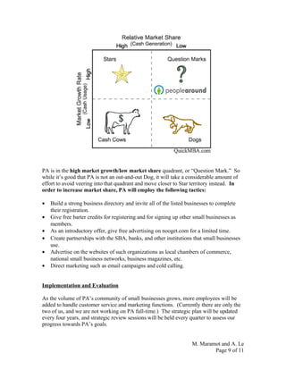 PA is in the high market growth/low market share quadrant, or “Question Mark.” So
while it’s good that PA is not an out-and-out Dog, it will take a considerable amount of
effort to avoid veering into that quadrant and move closer to Star territory instead. In
order to increase market share, PA will employ the following tactics:
• Build a strong business directory and invite all of the listed businesses to complete
their registration.
• Give free barter credits for registering and for signing up other small businesses as
members.
• As an introductory offer, give free advertising on nooget.com for a limited time.
• Create partnerships with the SBA, banks, and other institutions that small businesses
use.
• Advertise on the websites of such organizations as local chambers of commerce,
national small business networks, business magazines, etc.
• Direct marketing such as email campaigns and cold calling.
Implementation and Evaluation
As the volume of PA’s community of small businesses grows, more employees will be
added to handle customer service and marketing functions. (Currently there are only the
two of us, and we are not working on PA full-time.) The strategic plan will be updated
every four years, and strategic review sessions will be held every quarter to assess our
progress towards PA’s goals.
M. Maramot and A. Le
Page 9 of 11
 