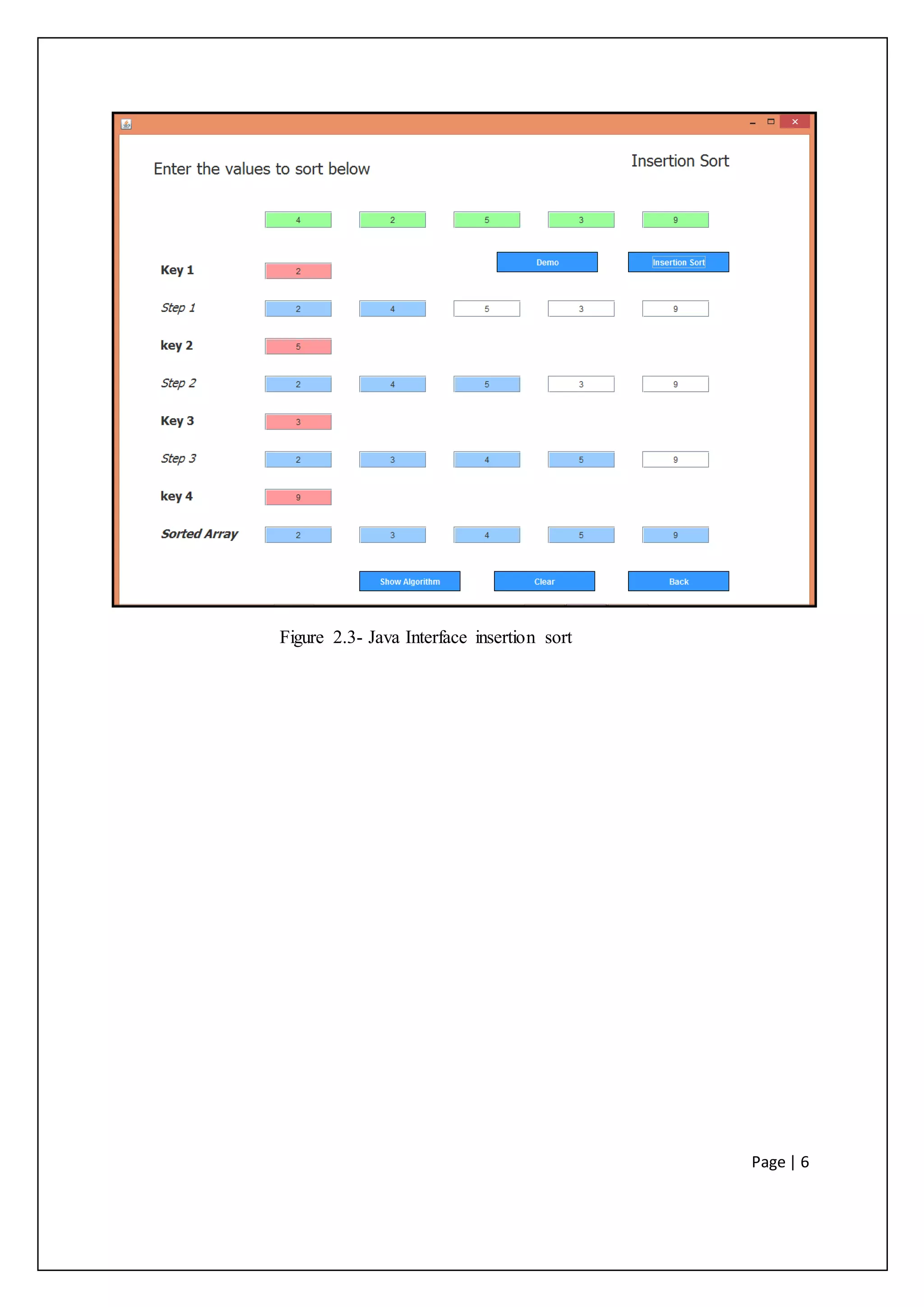 Page | 6
Figure 2.3- Java Interface insertion sort
 