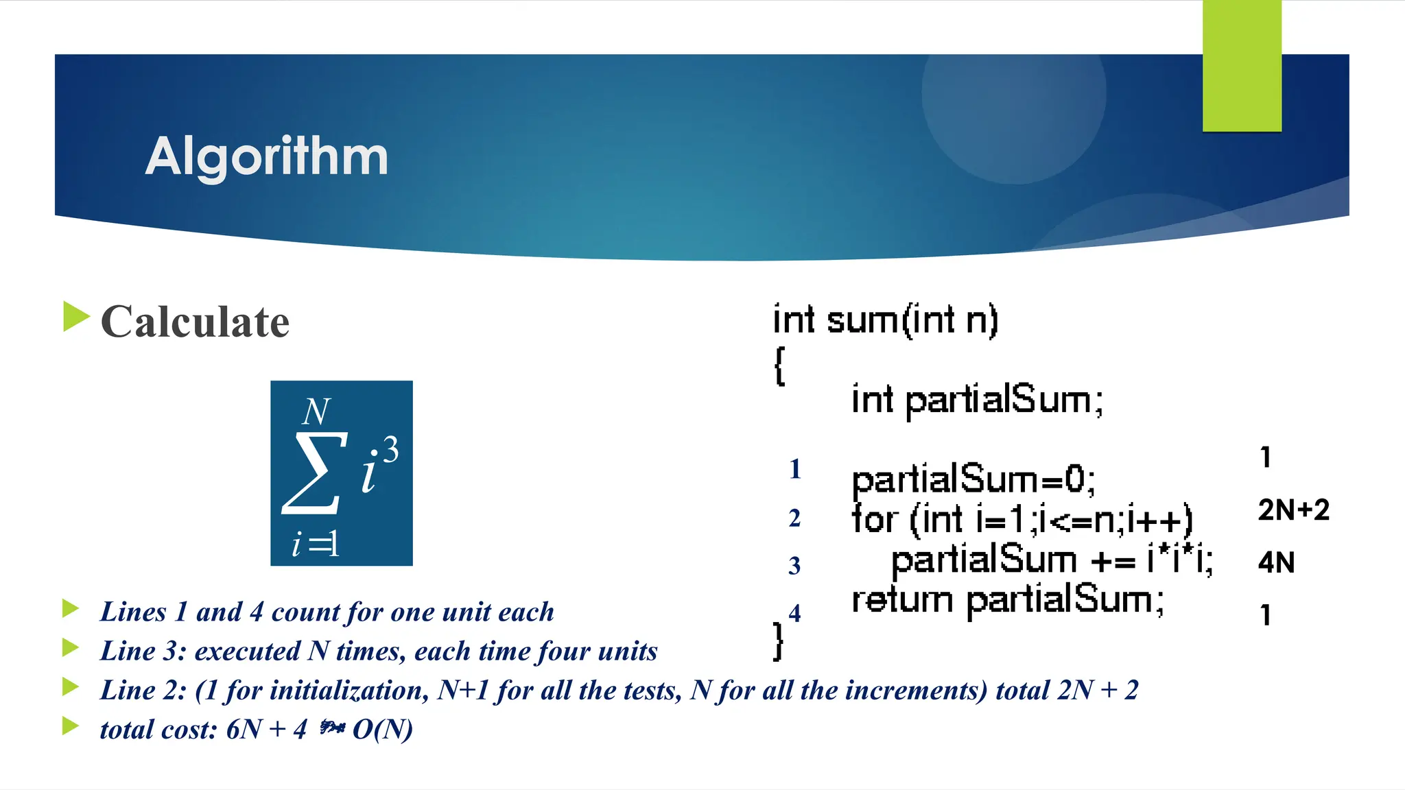 Algorithm
 Calculate
 Lines 1 and 4 count for one unit each
 Line 3: executed N times, each time four units
 Line 2: (1 for initialization, N+1 for all the tests, N for all the increments) total 2N + 2
 total cost: 6N + 4  O(N)


N
i
i
1
3 1
2
3
4
1
2N+2
4N
1
 