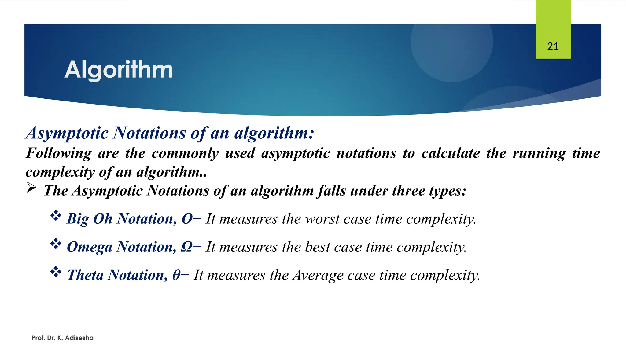 Algorithm
Prof. Dr. K. Adisesha
21
Asymptotic Notations of an algorithm:
Following are the commonly used asymptotic notations to calculate the running time
complexity of an algorithm..
 The Asymptotic Notations of an algorithm falls under three types:
 Big Oh Notation, Ο− It measures the worst case time complexity.
 Omega Notation, Ω− It measures the best case time complexity.
 Theta Notation, θ− It measures the Average case time complexity.
 