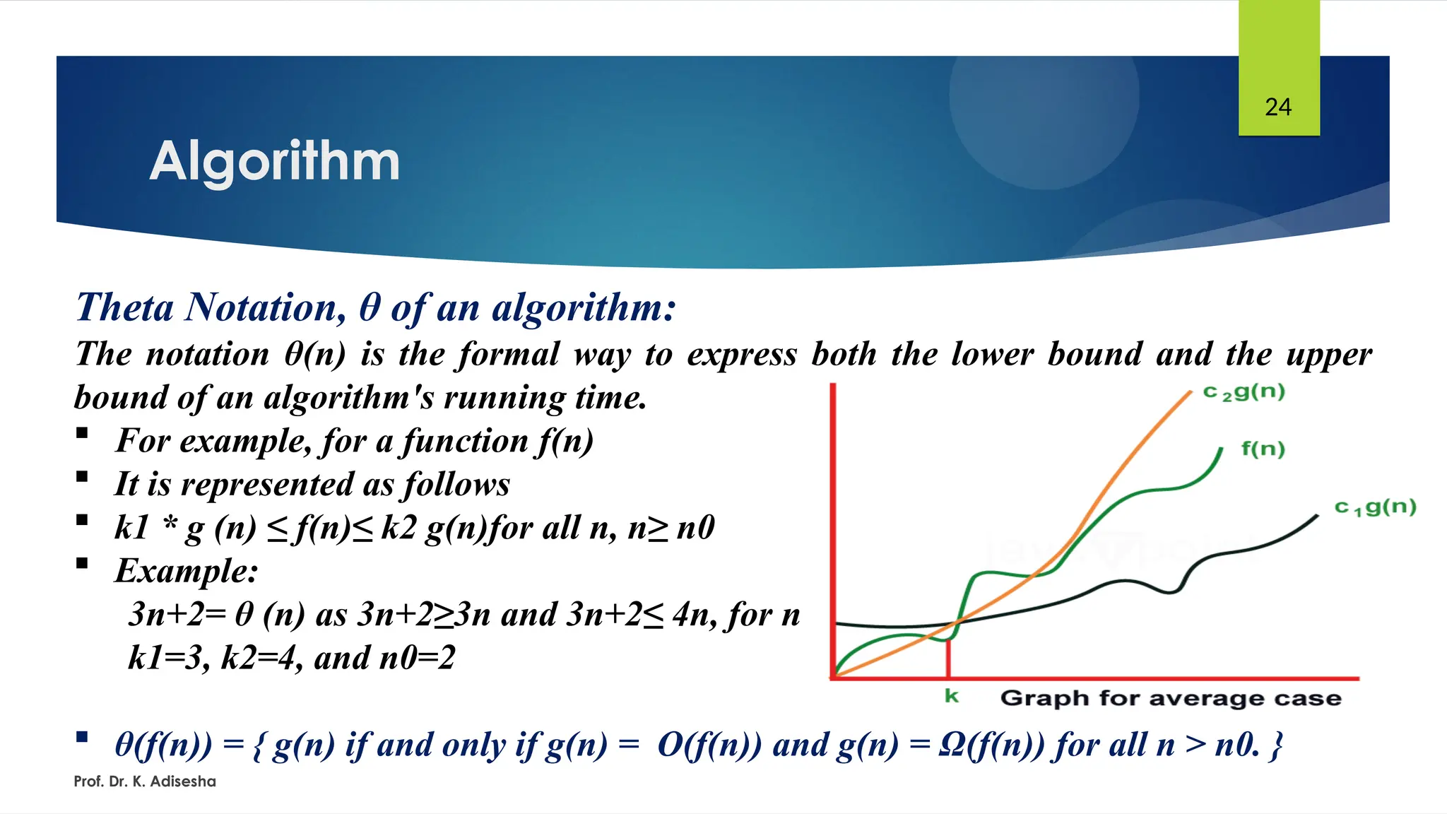 Algorithm
Prof. Dr. K. Adisesha
24
Theta Notation, θ of an algorithm:
The notation θ(n) is the formal way to express both the lower bound and the upper
bound of an algorithm's running time.
 For example, for a function f(n)
 It is represented as follows
 k1 * g (n) ≤ f(n)≤ k2 g(n)for all n, n≥ n0
 Example:
3n+2= θ (n) as 3n+2≥3n and 3n+2≤ 4n, for n
k1=3, k2=4, and n0=2
 θ(f(n)) = { g(n) if and only if g(n) = Ο(f(n)) and g(n) = Ω(f(n)) for all n > n0. }
 