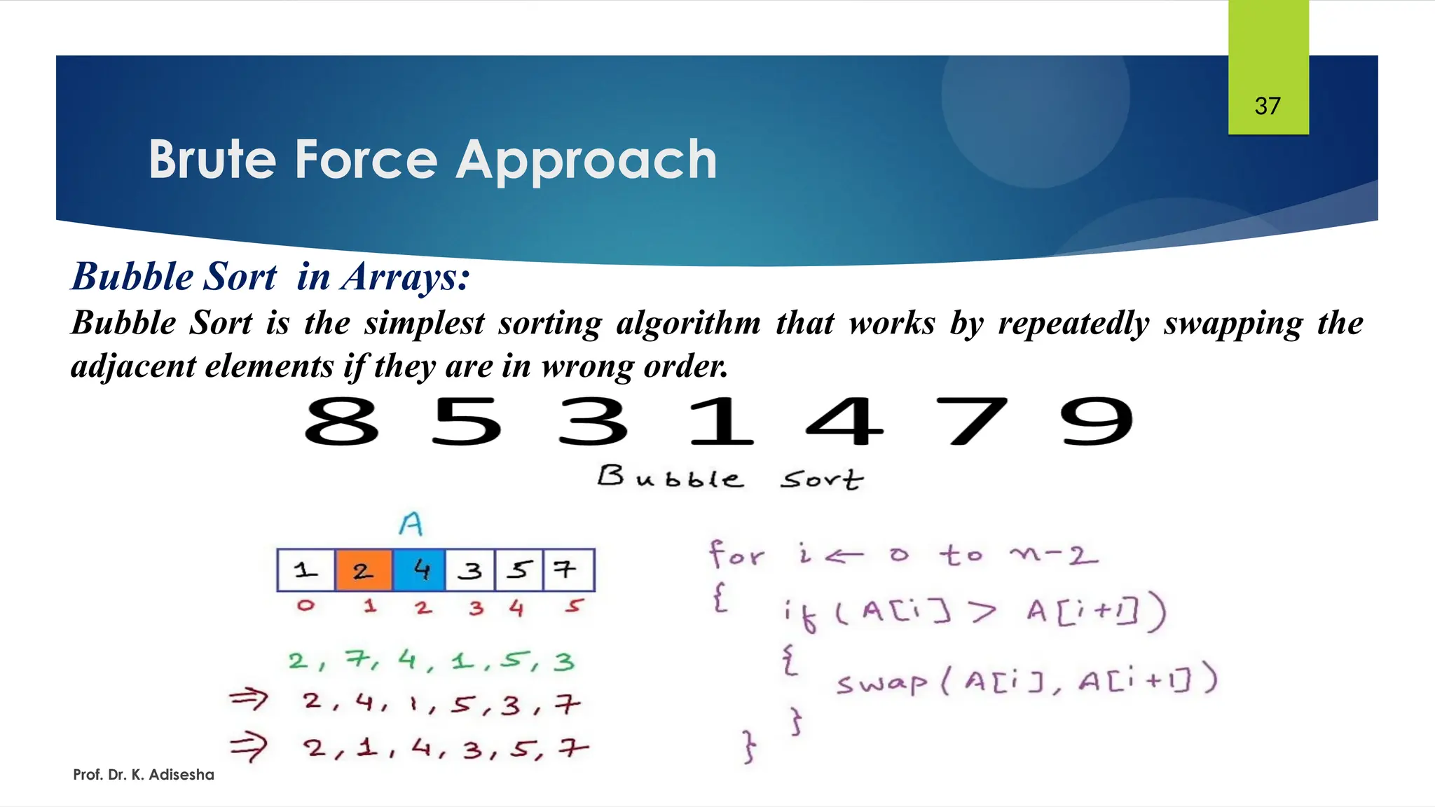 Brute Force Approach
Prof. Dr. K. Adisesha
37
Bubble Sort in Arrays:
Bubble Sort is the simplest sorting algorithm that works by repeatedly swapping the
adjacent elements if they are in wrong order.
 