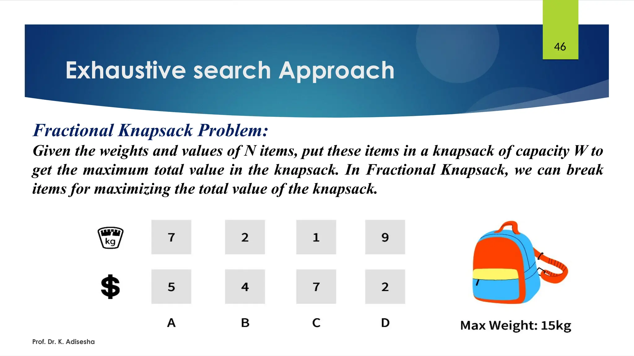 Exhaustive search Approach
Prof. Dr. K. Adisesha
46
Fractional Knapsack Problem:
Given the weights and values of N items, put these items in a knapsack of capacity W to
get the maximum total value in the knapsack. In Fractional Knapsack, we can break
items for maximizing the total value of the knapsack.
 