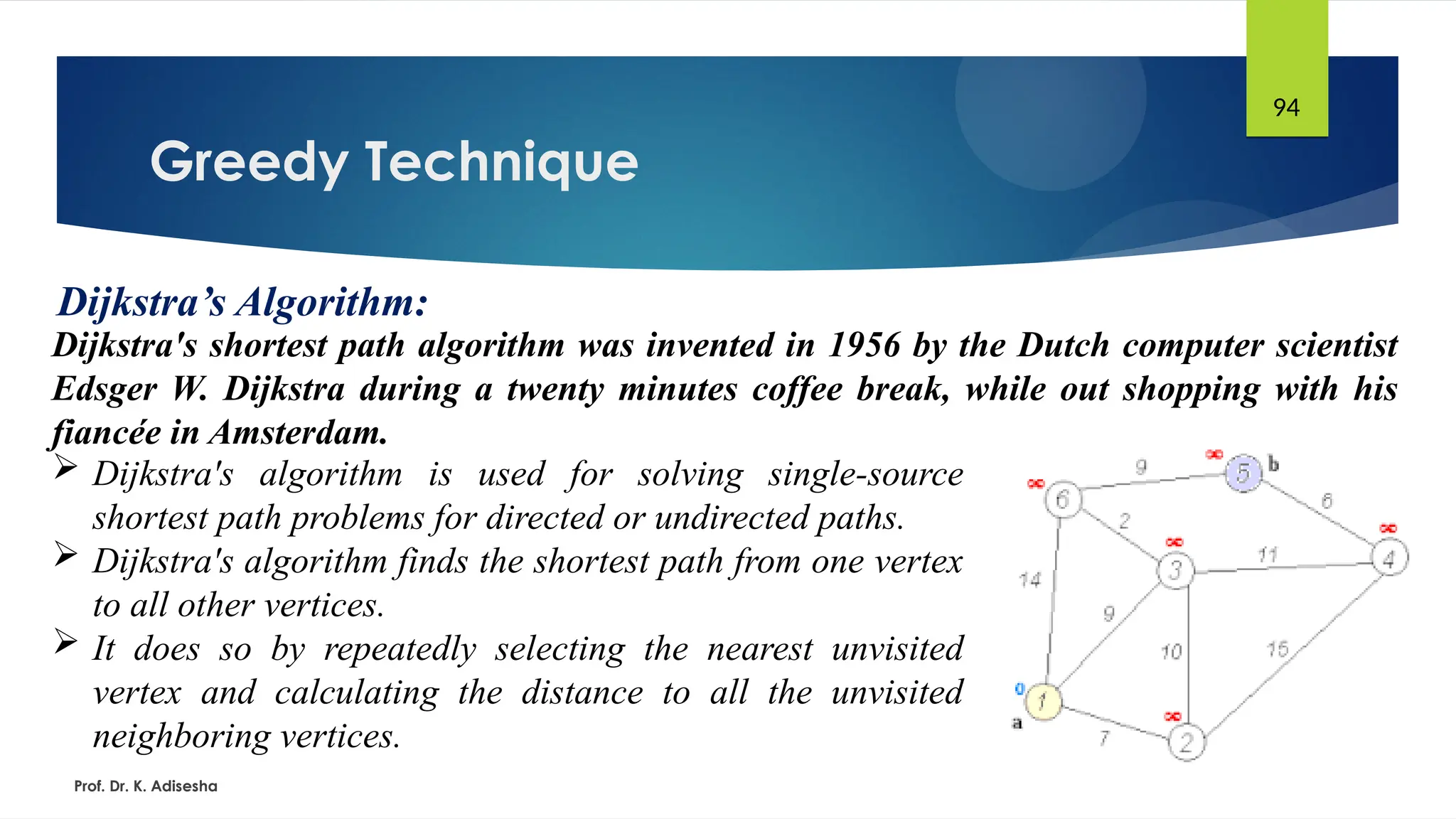 Greedy Technique
Prof. Dr. K. Adisesha
94
Dijkstra’s Algorithm:
Dijkstra's shortest path algorithm was invented in 1956 by the Dutch computer scientist
Edsger W. Dijkstra during a twenty minutes coffee break, while out shopping with his
fiancée in Amsterdam.
 Dijkstra's algorithm is used for solving single-source
shortest path problems for directed or undirected paths.
 Dijkstra's algorithm finds the shortest path from one vertex
to all other vertices.
 It does so by repeatedly selecting the nearest unvisited
vertex and calculating the distance to all the unvisited
neighboring vertices.
 