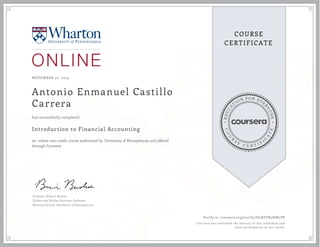 EDUCA
T
ION FOR EVE
R
YONE
CO
U
R
S
E
C E R T I F
I
C
A
TE
COURSE
CERTIFICATE
NOVEMBER 27, 2015
Antonio Enmanuel Castillo
Carrera
Introduction to Financial Accounting
an online non-credit course authorized by University of Pennsylvania and offered
through Coursera
has successfully completed
Professor Brian J. Bushee
Gilbert and Shelley Harrison Professor
Wharton School, University of Pennsylvania
Verify at coursera.org/verify/DLNTFR5NW5PP
Coursera has confirmed the identity of this individual and
their participation in the course.
 