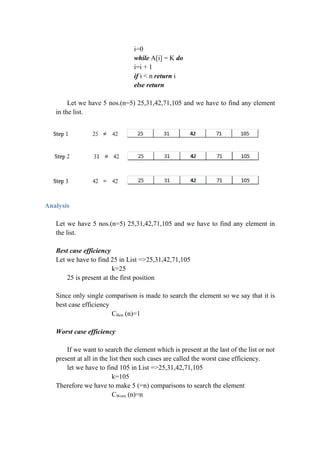 i=0
while A[i] = K do
i=i + 1
if i < n return i
else return
Let we have 5 nos.(n=5) 25,31,42,71,105 and we have to find any element
in the list.
Analysis
Let we have 5 nos.(n=5) 25,31,42,71,105 and we have to find any element in
the list.
Best case efficiency
Let we have to find 25 in List =>25,31,42,71,105
k=25
25 is present at the first position
Since only single comparison is made to search the element so we say that it is
best case efficiency
CBest (n)=1
Worst case efficiency
If we want to search the element which is present at the last of the list or not
present at all in the list then such cases are called the worst case efficiency.
let we have to find 105 in List =>25,31,42,71,105
k=105
Therefore we have to make 5 (=n) comparisons to search the element
CWorst (n)=n
 