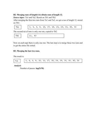 B2. Merging runs of length 6 to obtain runs of length 12.
Source tapes: Ta1 and Ta2. Result on Tb1 and Tb2:
After merging the first two runs from Ta1 and Ta2, we get a run of length 12, stored
on Tb1:
The second set of runs is only one run, copied to Tb2
Now on each tape there is only one run. The last step is to merge these two runs and
to get the entire file sorted.
B3. Merging the last two runs.
The result is:
Analysis
Number of passes: log(N/M)
 