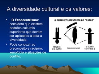 A diversidade cultural e os valores:
• . O Etnocentrismo:
  considera que existem
  padrões culturais
  superiores que devem
  ser aplicados a toda a
  diversidade.
• Pode conduzir ao           • .
  preconceito e racismo,
  xenofobia e situações de
  conflito.
 