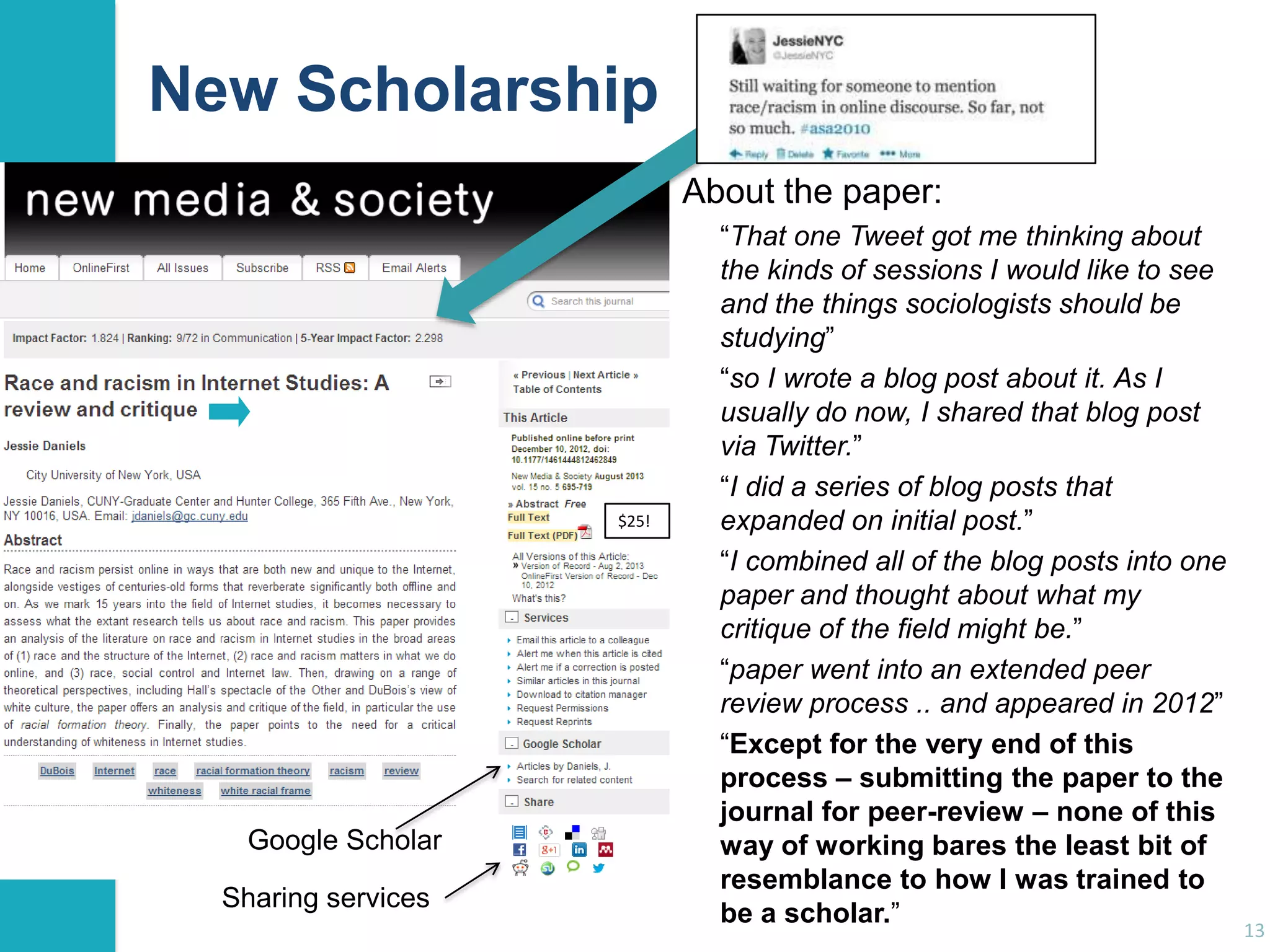 New Scholarship
About the paper:

$25!

Google Scholar
Sharing services

“That one Tweet got me thinking about
the kinds of sessions I would like to see
and the things sociologists should be
studying”
“so I wrote a blog post about it. As I
usually do now, I shared that blog post
via Twitter.”
“I did a series of blog posts that
expanded on initial post.”
“I combined all of the blog posts into one
paper and thought about what my
critique of the field might be.”
“paper went into an extended peer
review process .. and appeared in 2012”
“Except for the very end of this
process – submitting the paper to the
journal for peer-review – none of this
way of working bares the least bit of
resemblance to how I was trained to
be a scholar.”

13

 