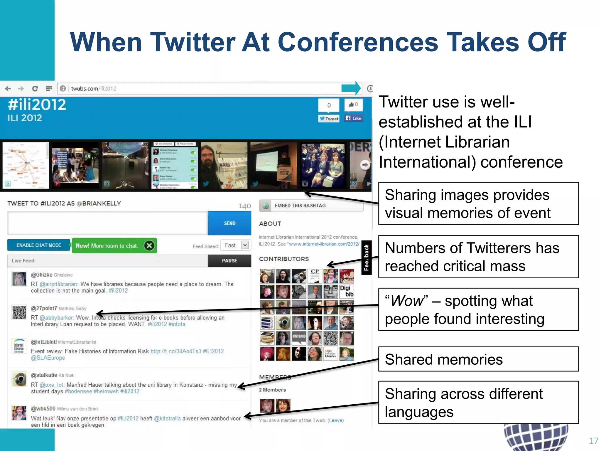 When Twitter At Conferences Takes Off
Twitter use is wellestablished at the ILI
(Internet Librarian
International) conference
Sharing images provides
visual memories of event
Numbers of Twitterers has
reached critical mass
“Wow” – spotting what
people found interesting

Shared memories
Sharing across different
languages
17

 