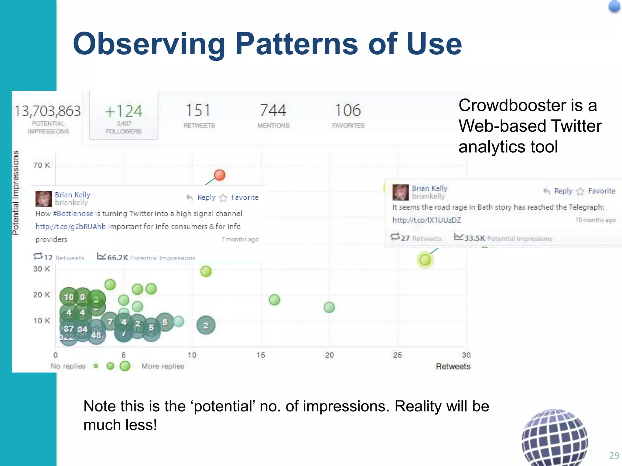 Observing Patterns of Use
Crowdbooster is a
Web-based Twitter
analytics tool

Note this is the „potential‟ no. of impressions. Reality will be
much less!
29

 